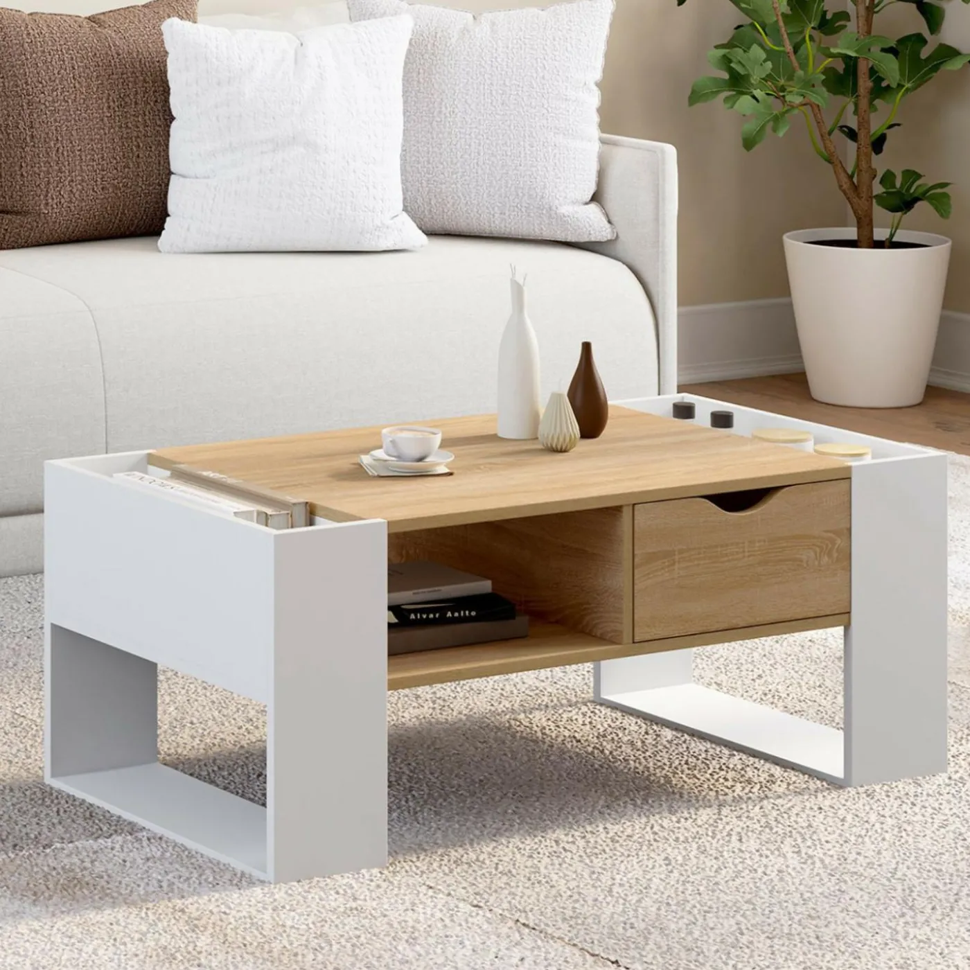 Table basse rectangulaire avec tiroir bois blanc et façon hêtre