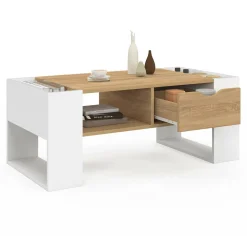 Table basse rectangulaire avec tiroir bois blanc et façon hêtre