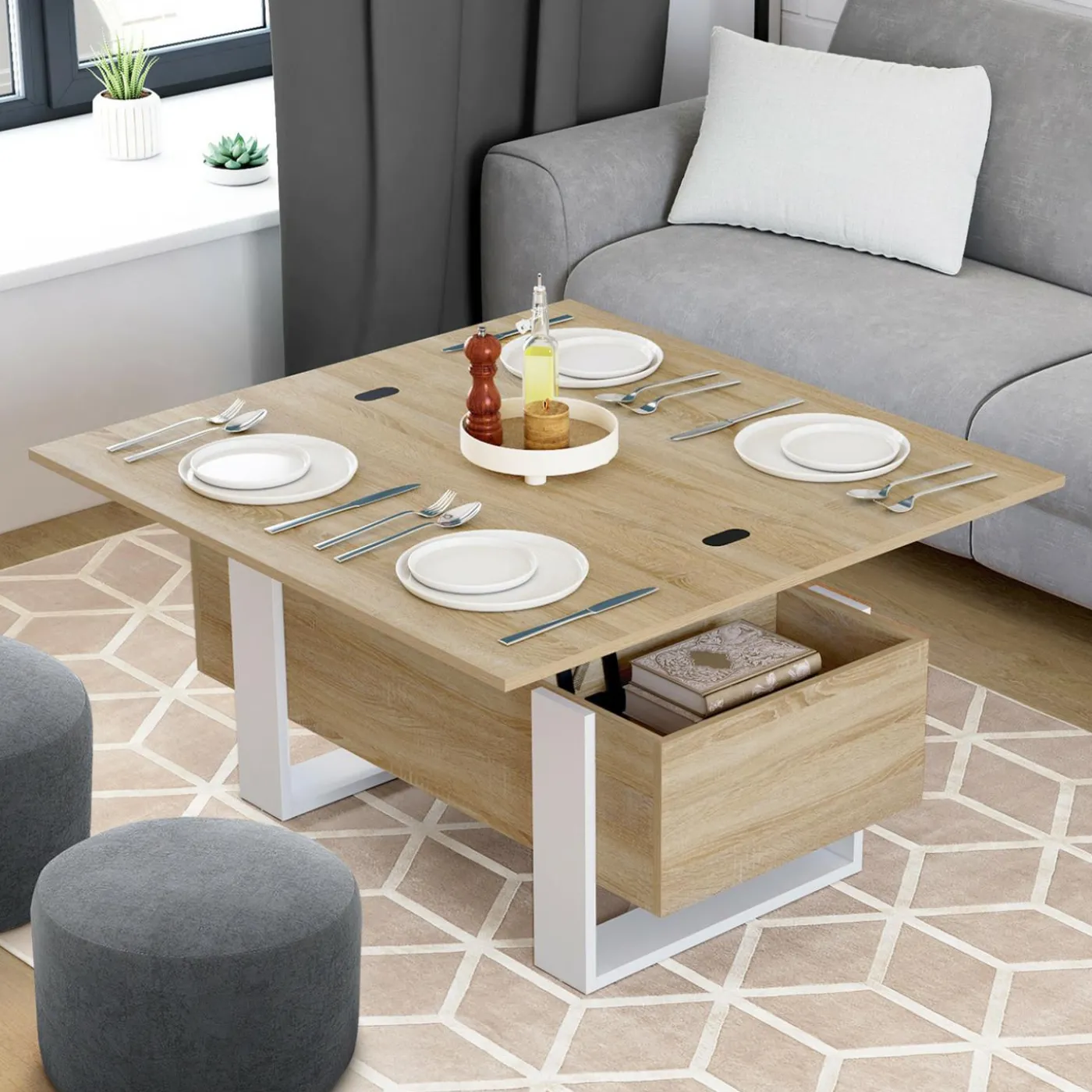 Table basse rectangulaire relevable convertible en table à manger bois et blanc