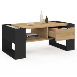 Table basse rectangulaire avec tiroir bois noir et façon hêtre
