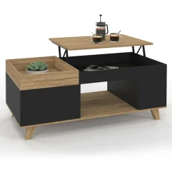 Table basse rectangulaire plateau relevable bois et noir plateau amovible avec coffre