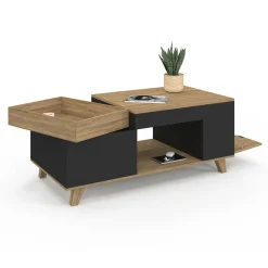Table basse rectangulaire plateau relevable bois et noir plateau amovible avec coffre