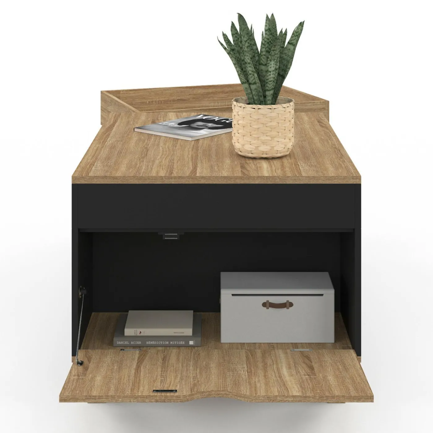 Table basse rectangulaire plateau relevable bois et noir plateau amovible avec coffre