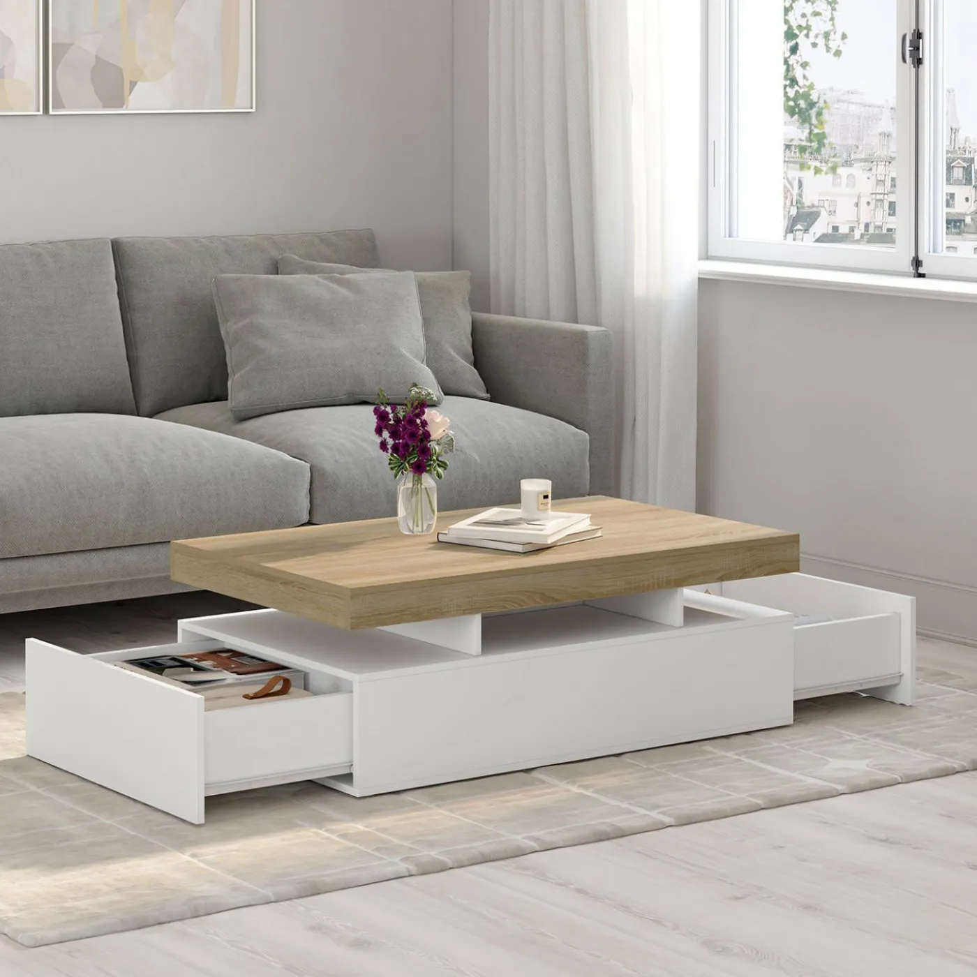 Table basse rectangulaire 2 tiroirs blanc
