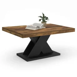 Table basse rectangulaire 100cm plateau bois vieilli et pied X noir