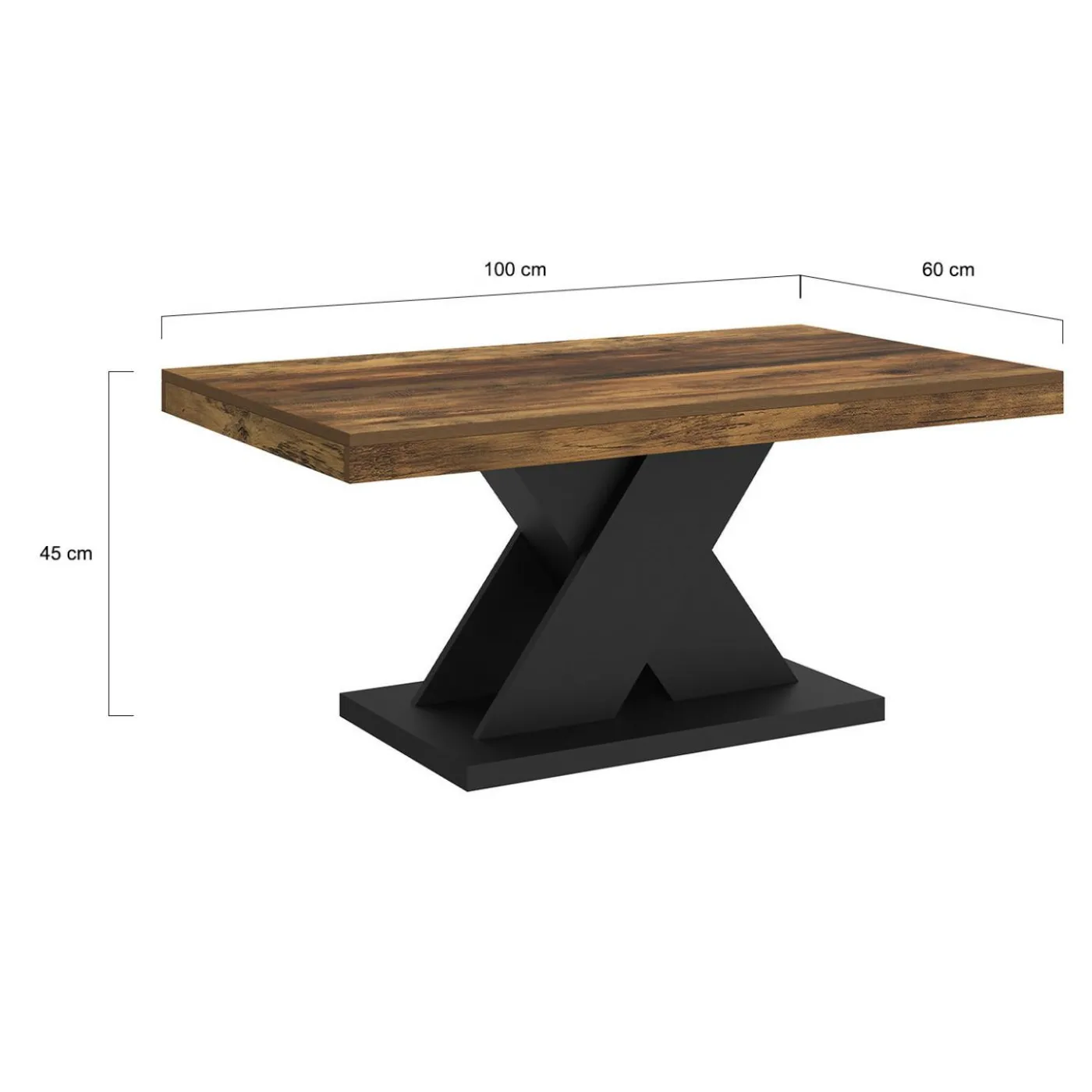 Table basse rectangulaire 100cm plateau bois vieilli et pied X noir