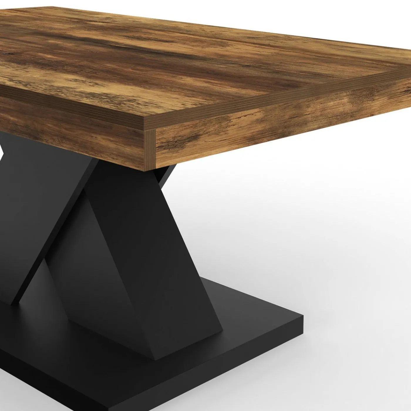 Table basse rectangulaire 100cm plateau bois vieilli et pied X noir