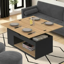 Table basse rectangulaire convertible en table à manger noire et façon hêtre