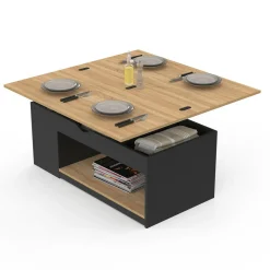 Table basse rectangulaire convertible en table à manger noire et façon hêtre
