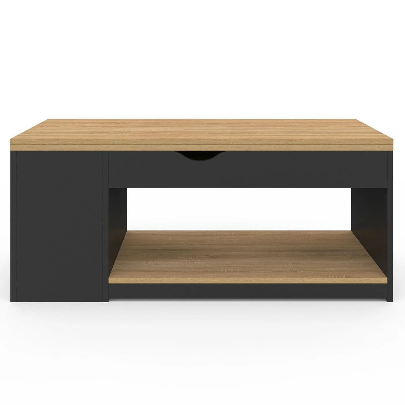 Table basse rectangulaire convertible en table à manger noire et façon hêtre