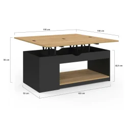 Table basse rectangulaire convertible en table à manger noire et façon hêtre