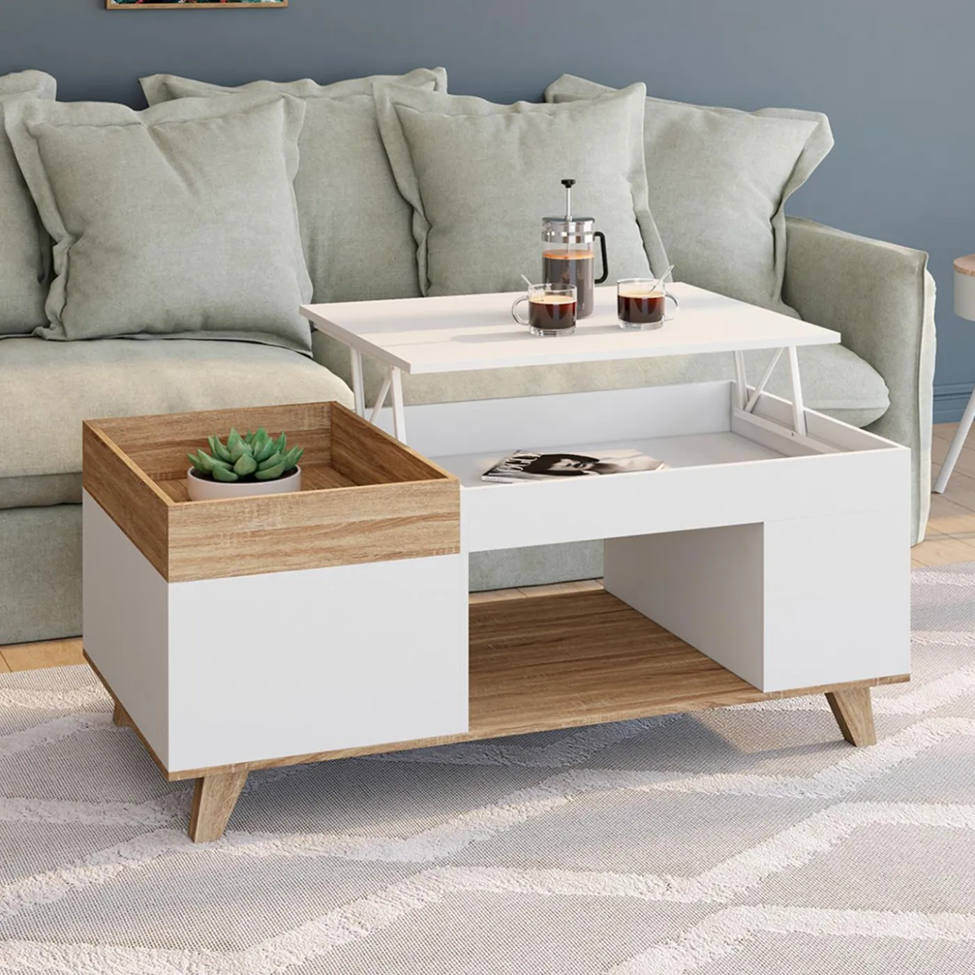 Table basse rectangulaire bois et blanc plateau relevable et coffre