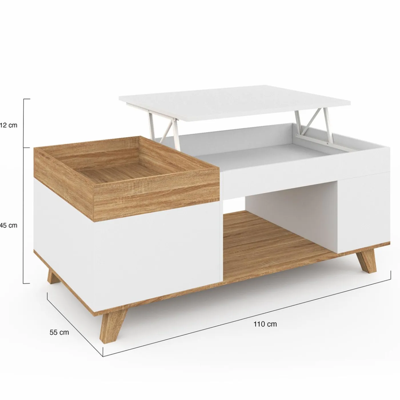 Table basse rectangulaire bois et blanc plateau relevable et coffre