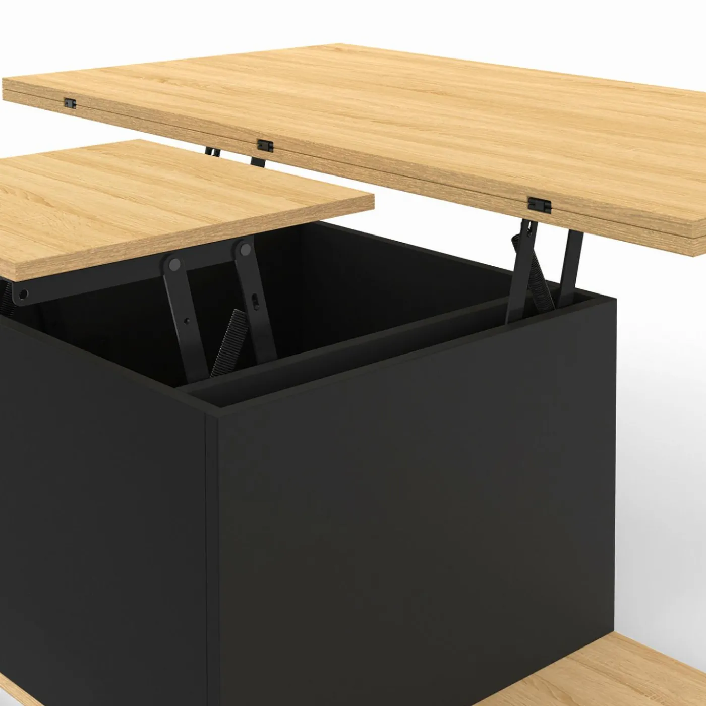 Table basse rectangulaire double plateau relevable avec poufs bois et noir convertible en table à manger