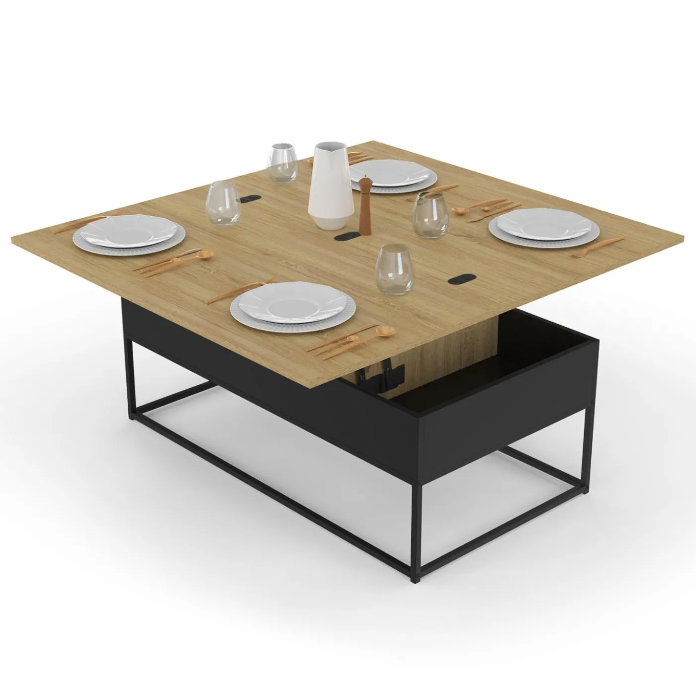 Table basse rectangulaire industrielle relevable et convertible pour manger