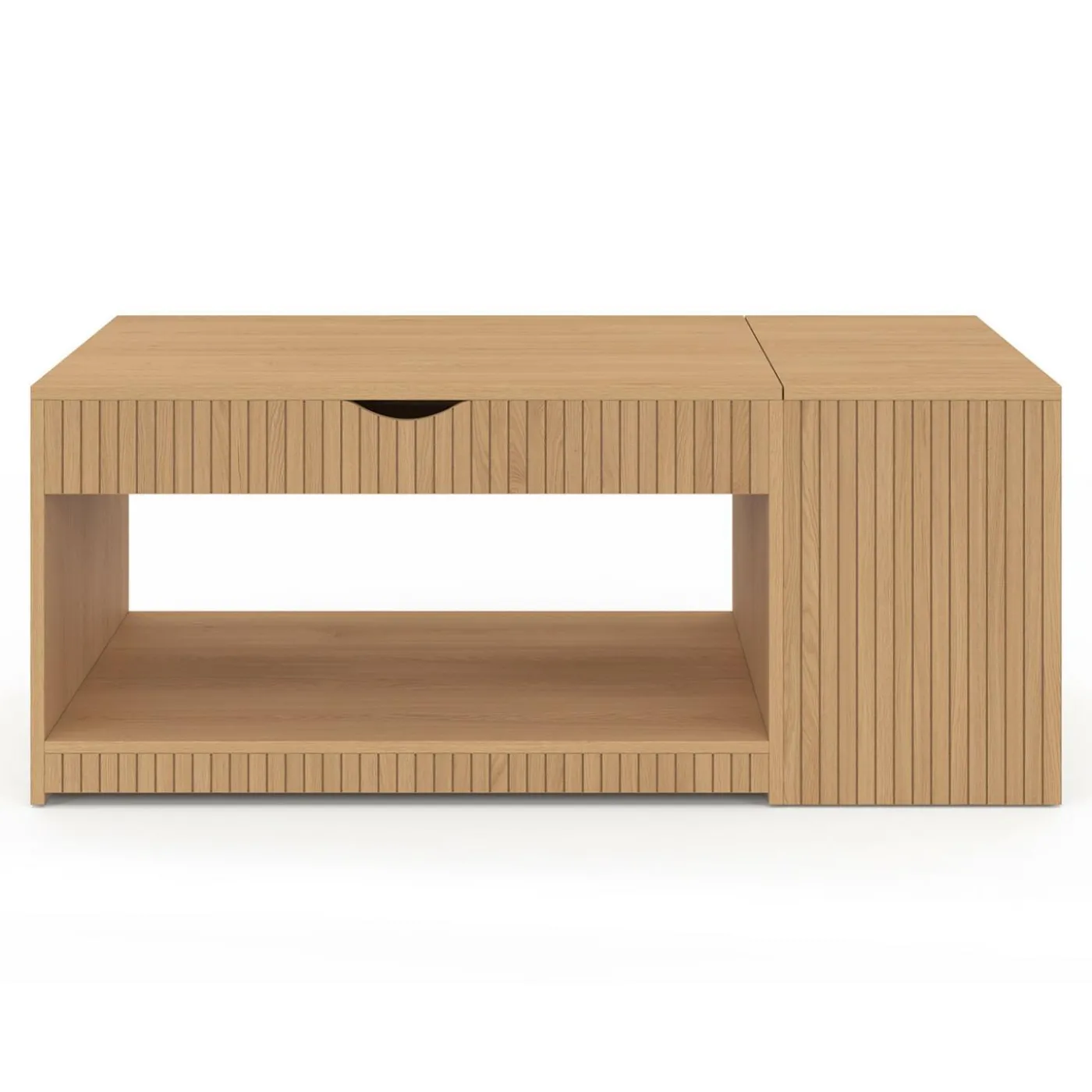 Table basse rectangulaire plateau relevable avec coffre lattes tasseau bois coloris chêne