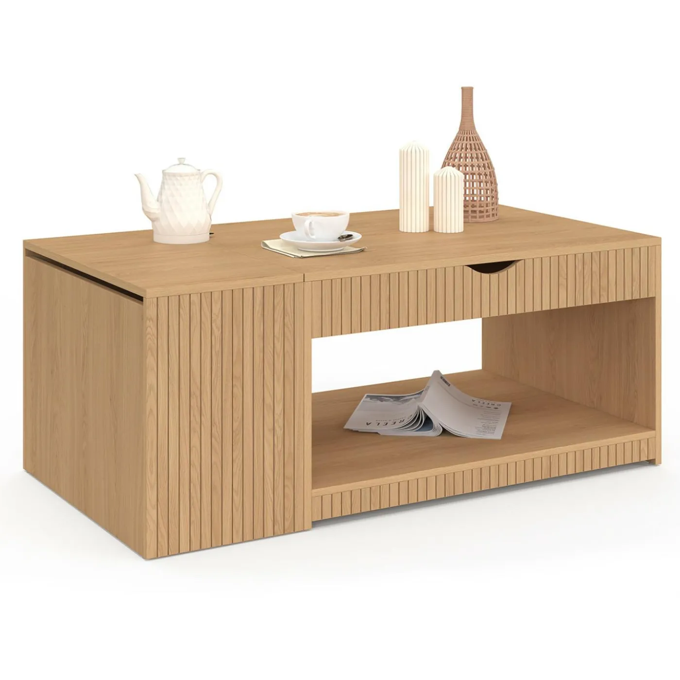 Table basse rectangulaire plateau relevable avec coffre lattes tasseau bois coloris chêne