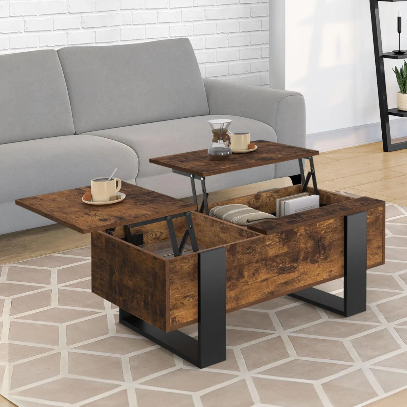 Table basse relevable 2 plateaux bois effet vieilli et noir