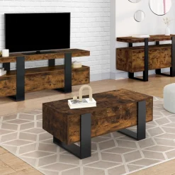 Table basse relevable 2 plateaux bois effet vieilli et noir