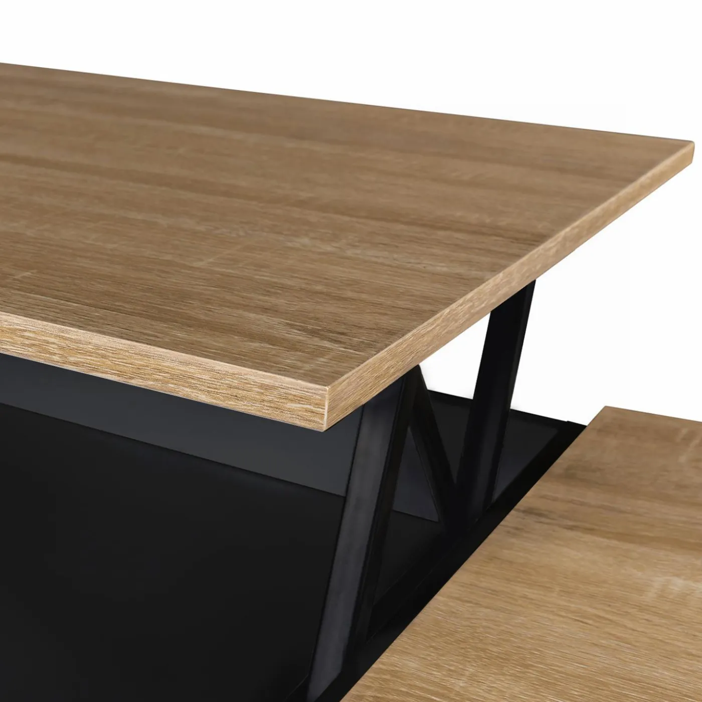 Table basse relevable bois noir et façon hêtre