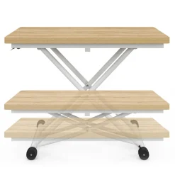 Table basse relevable en table à manger industrielle avec plateau façon hêtre