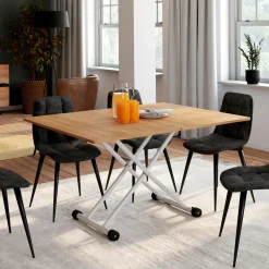 Table basse relevable en table à manger industrielle avec plateau façon hêtre