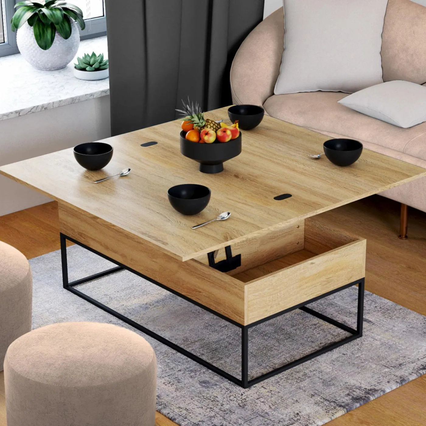 Table basse relevable industrielle rectangulaire convertible en table à manger