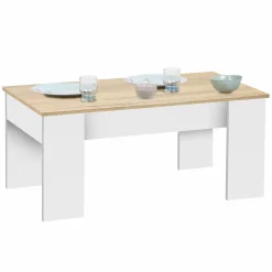 Table basse relevable rectangulaire bois blanc et imitation hêtre