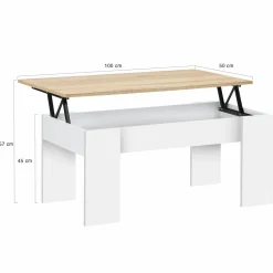 Table basse relevable rectangulaire bois blanc et imitation hêtre