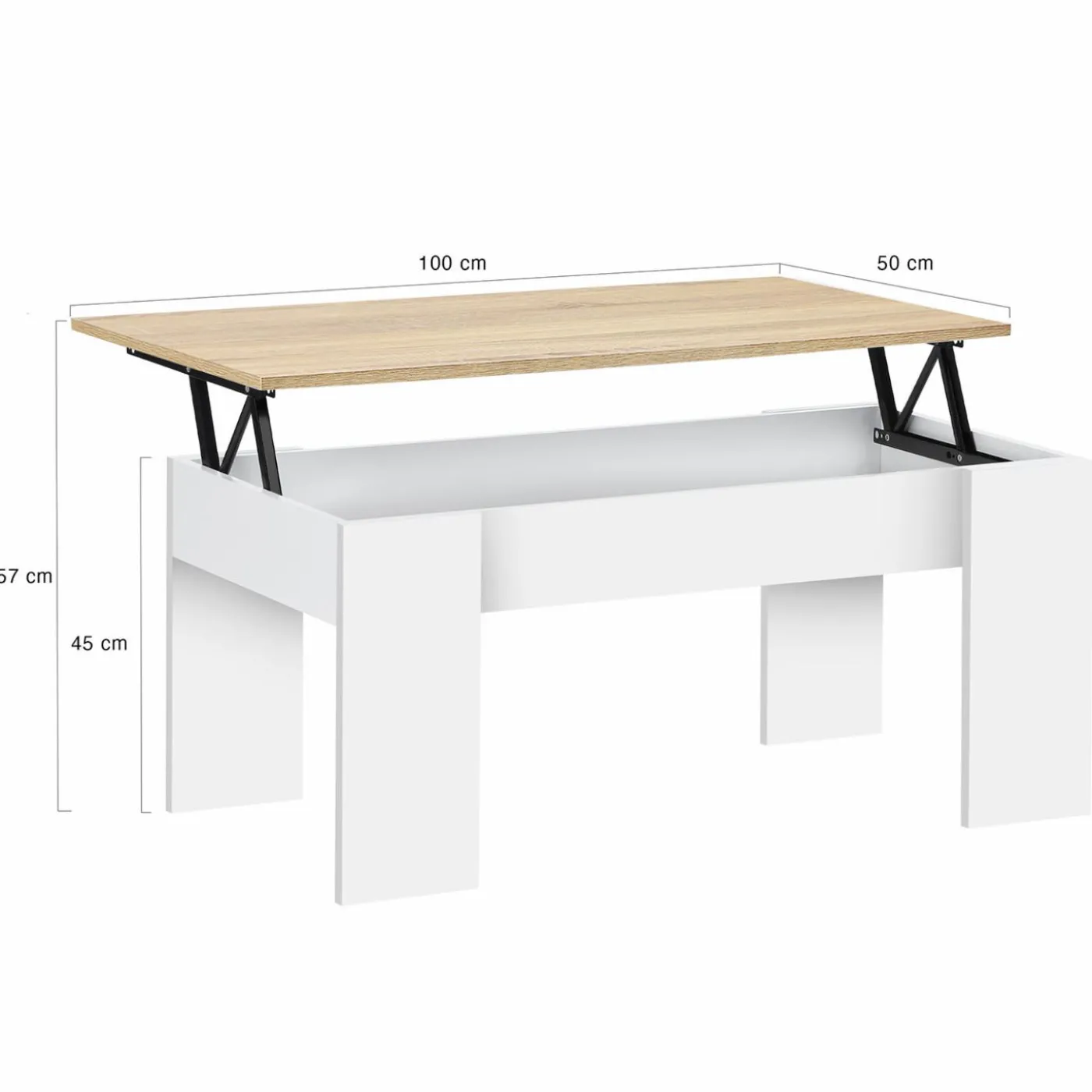 Table basse relevable rectangulaire bois blanc et imitation hêtre