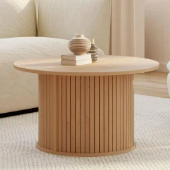 Table basse ronde 70 cm lattes coloris chêne