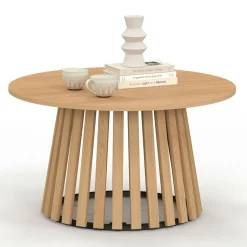 Table basse ronde 70 cm pied bois en lattes et plateau bois