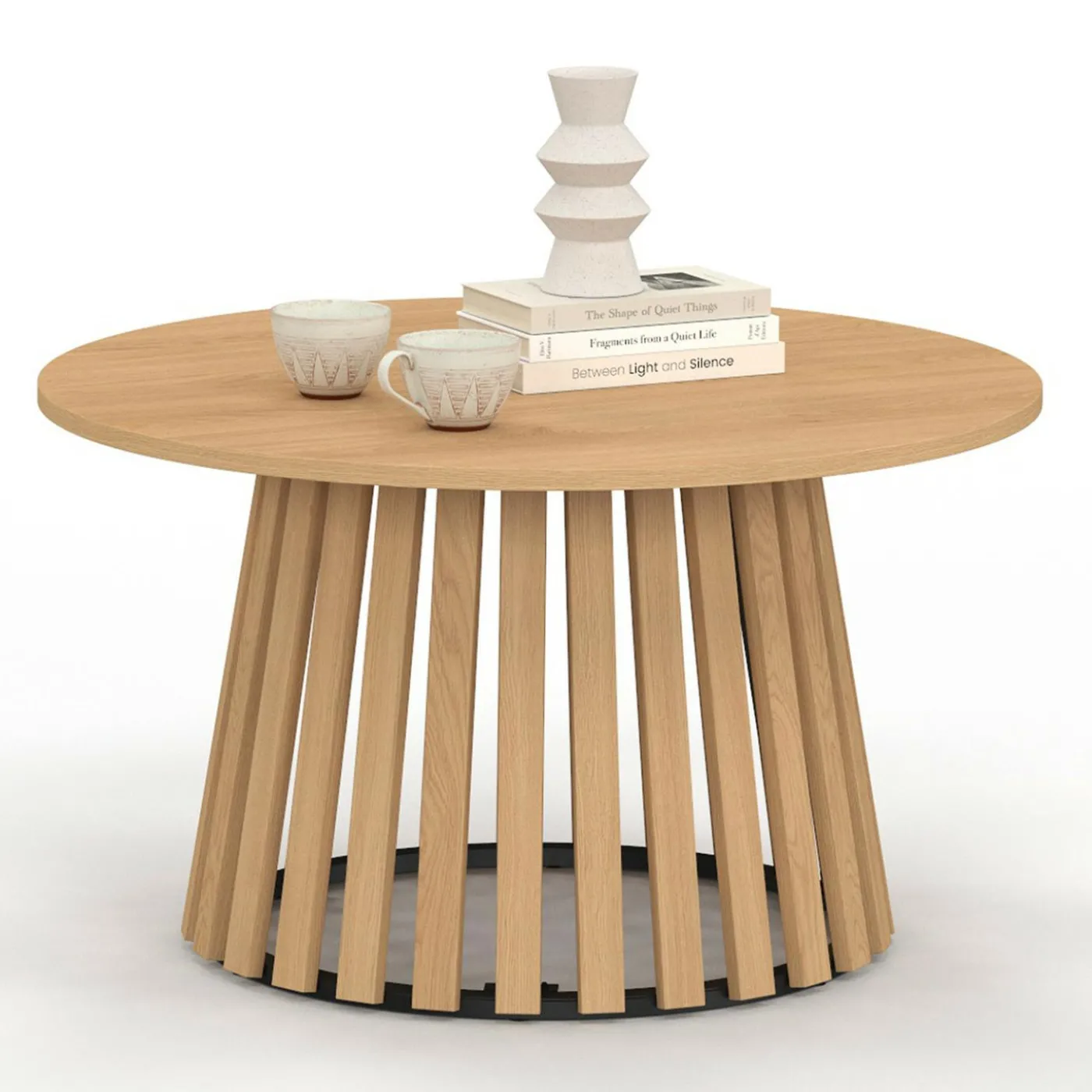 Table basse ronde 70 cm pied bois en lattes et plateau bois