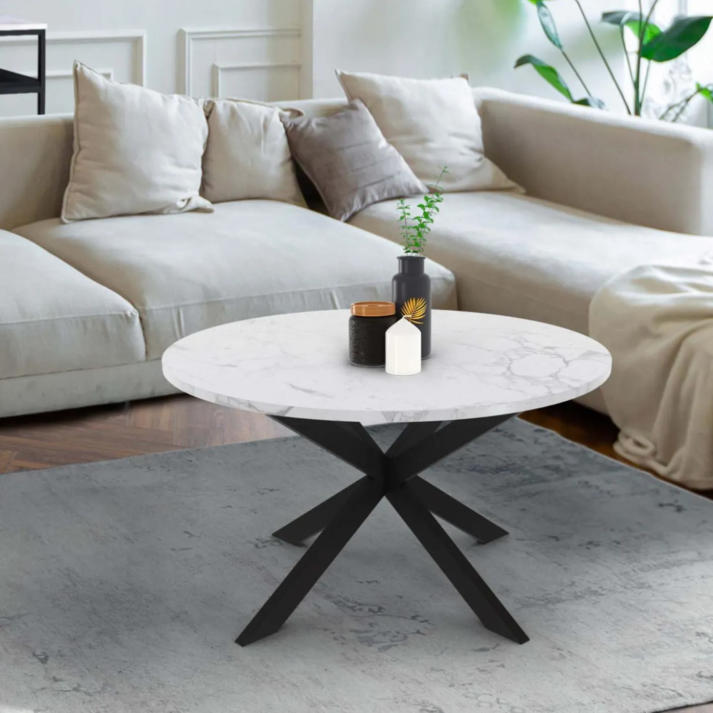 Table basse ronde avec plateau effet marbre blanc 70 cm