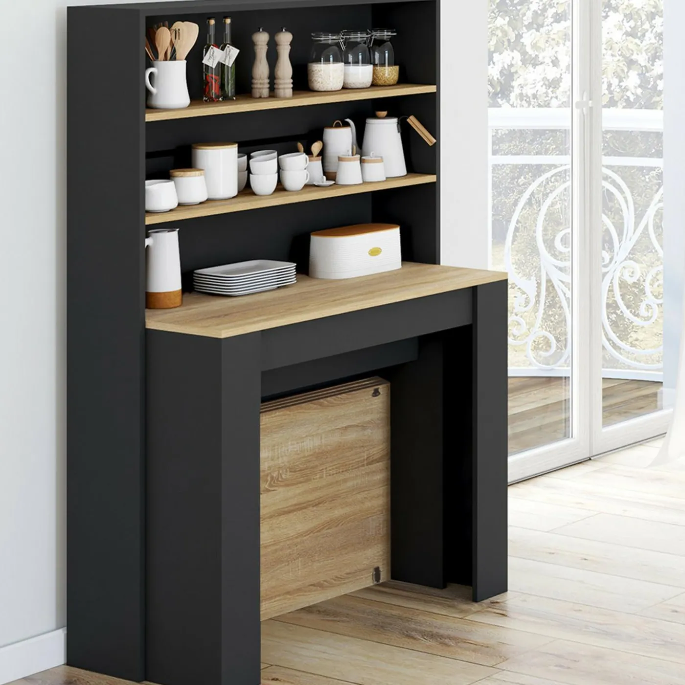 Table buffet haut extensible 8 personnes bois et noir 235 cm