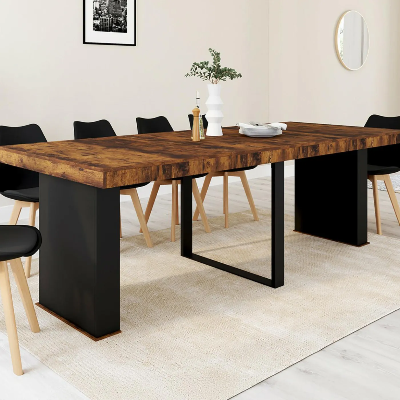 Table console extensible 10 personnes 235 cm bois effet vieilli et noir