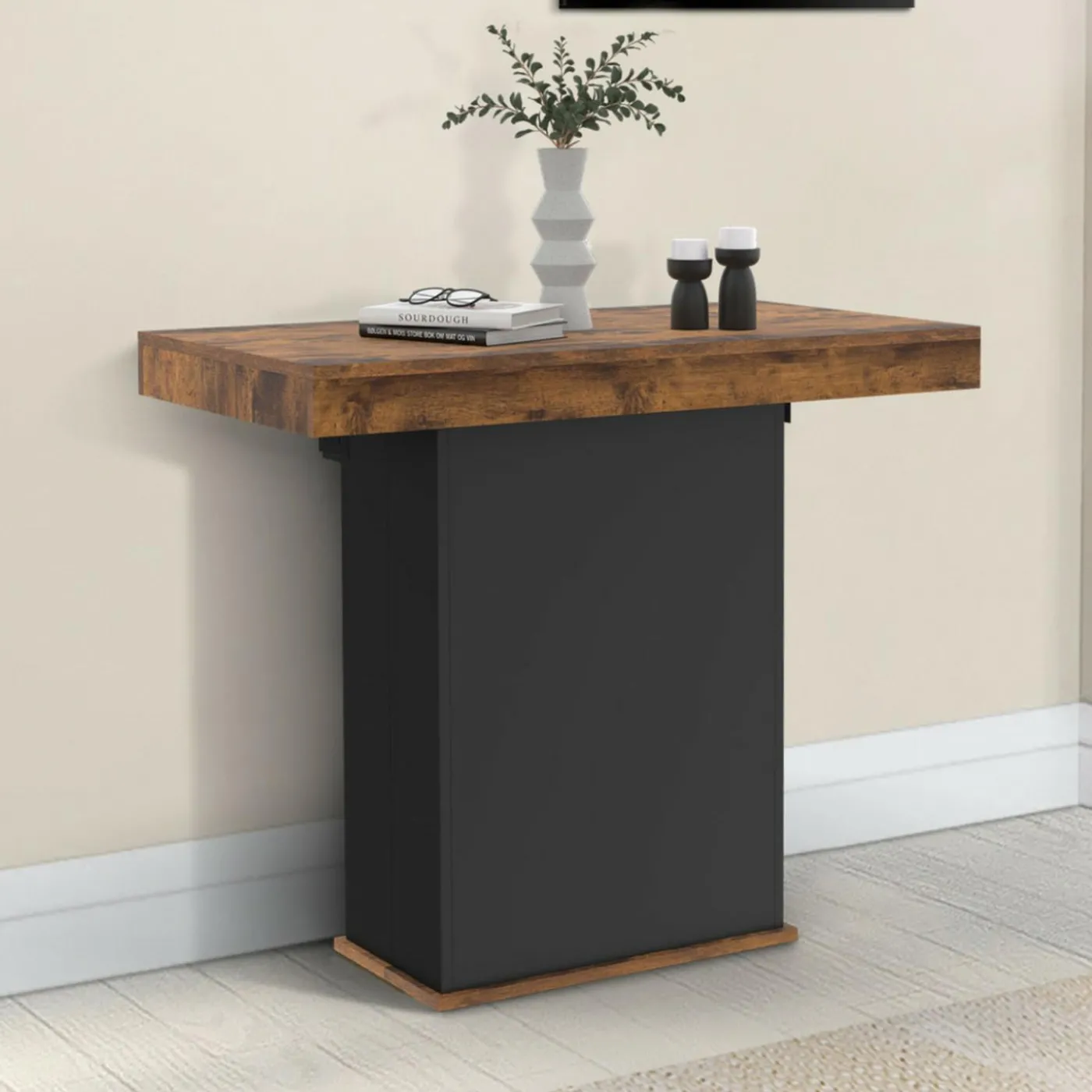Table console extensible 10 personnes 235 cm bois effet vieilli et noir