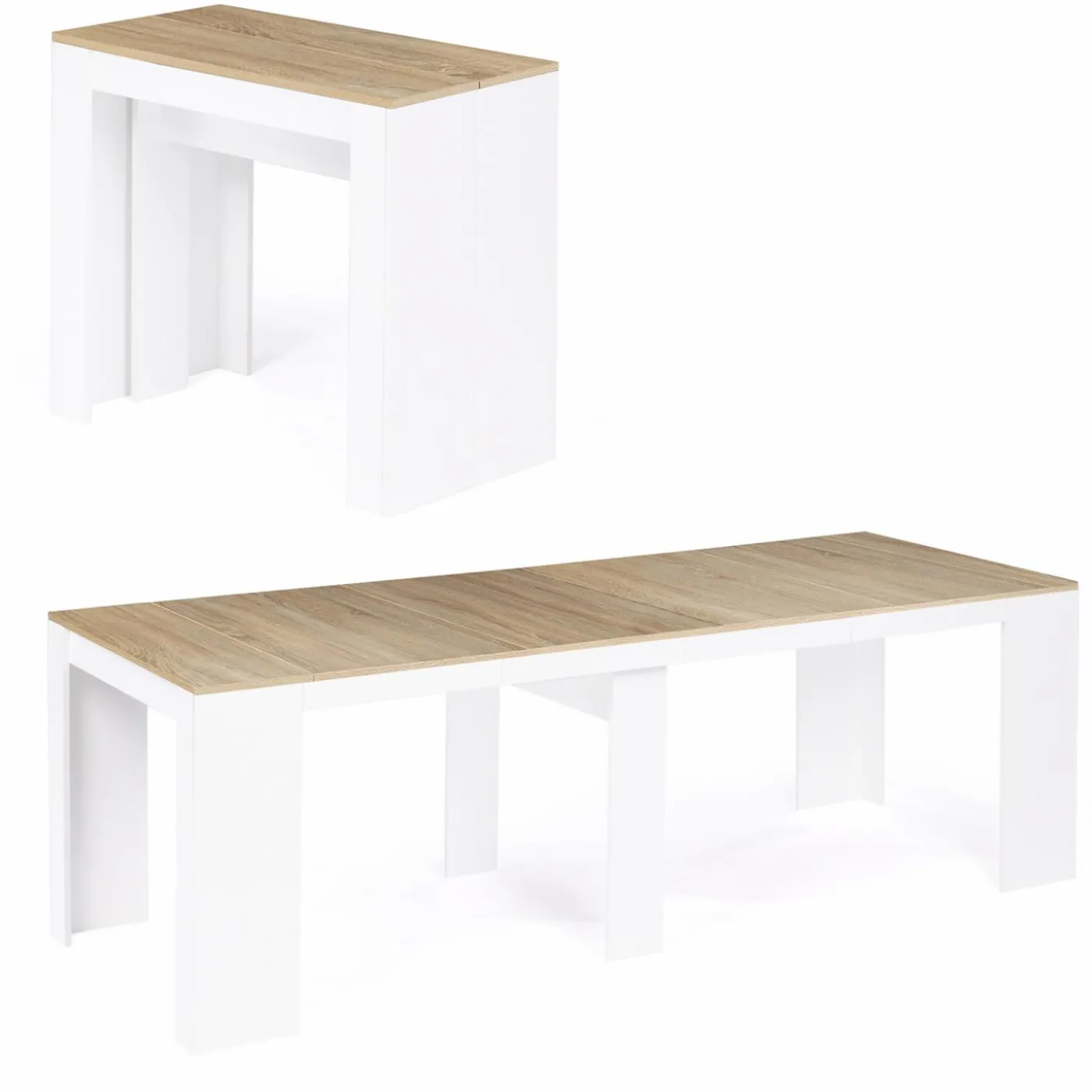 Table console extensible bois façon hêtre et blanc 10 personnes