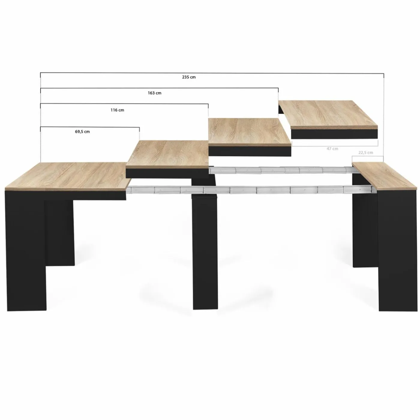 Table console extensible 10 personnes bois noir et façon hêtre