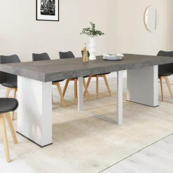 Table console extensible 10 personnes 235 cm béton et blanc