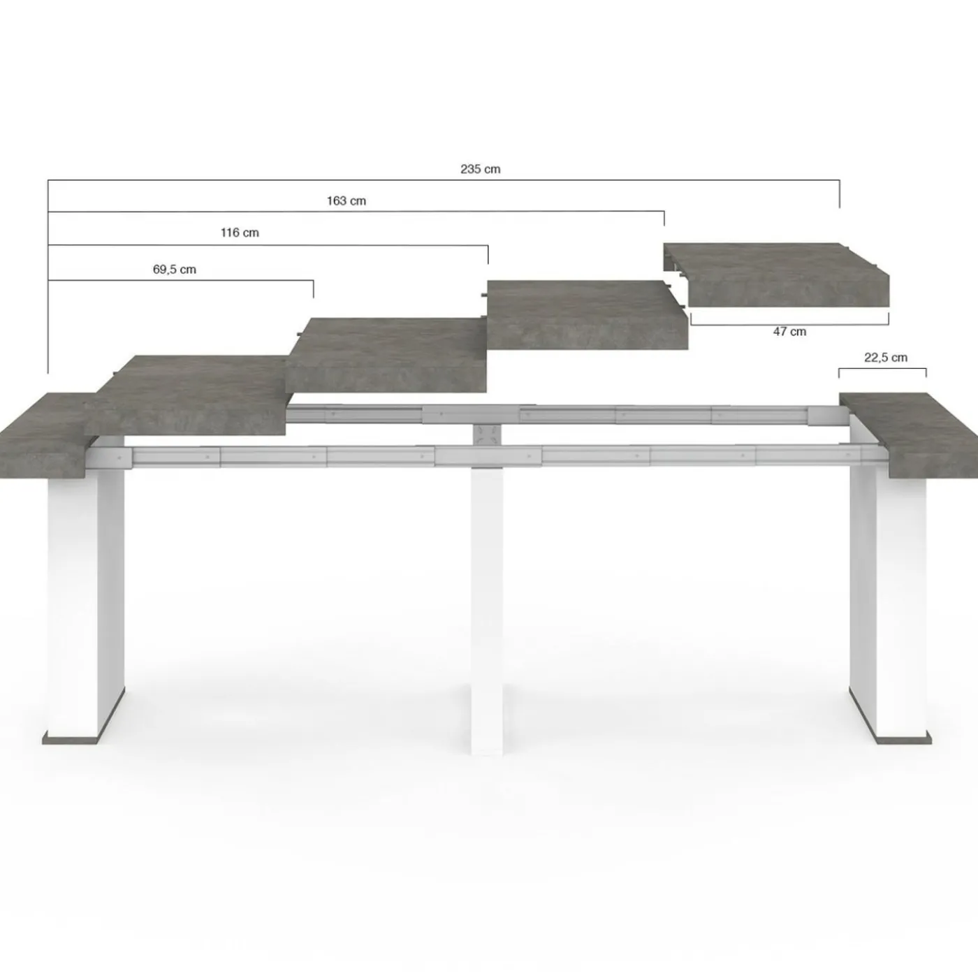 Table console extensible 10 personnes 235 cm béton et blanc
