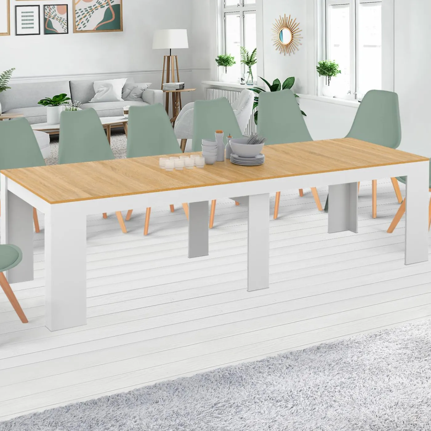Table console extensible bois blanc et façon hêtre 300 cm 14 personnes