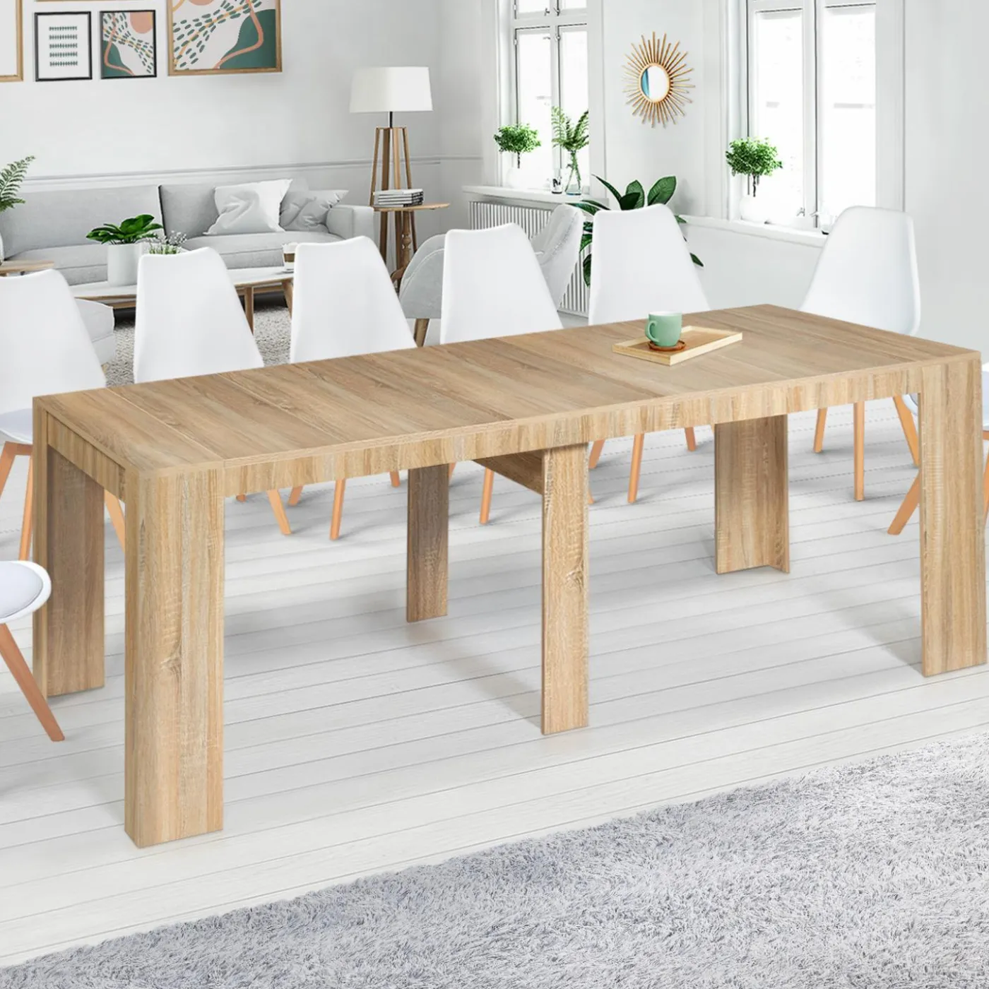 Table console extensible imitation hêtre 14 personnes 300 cm