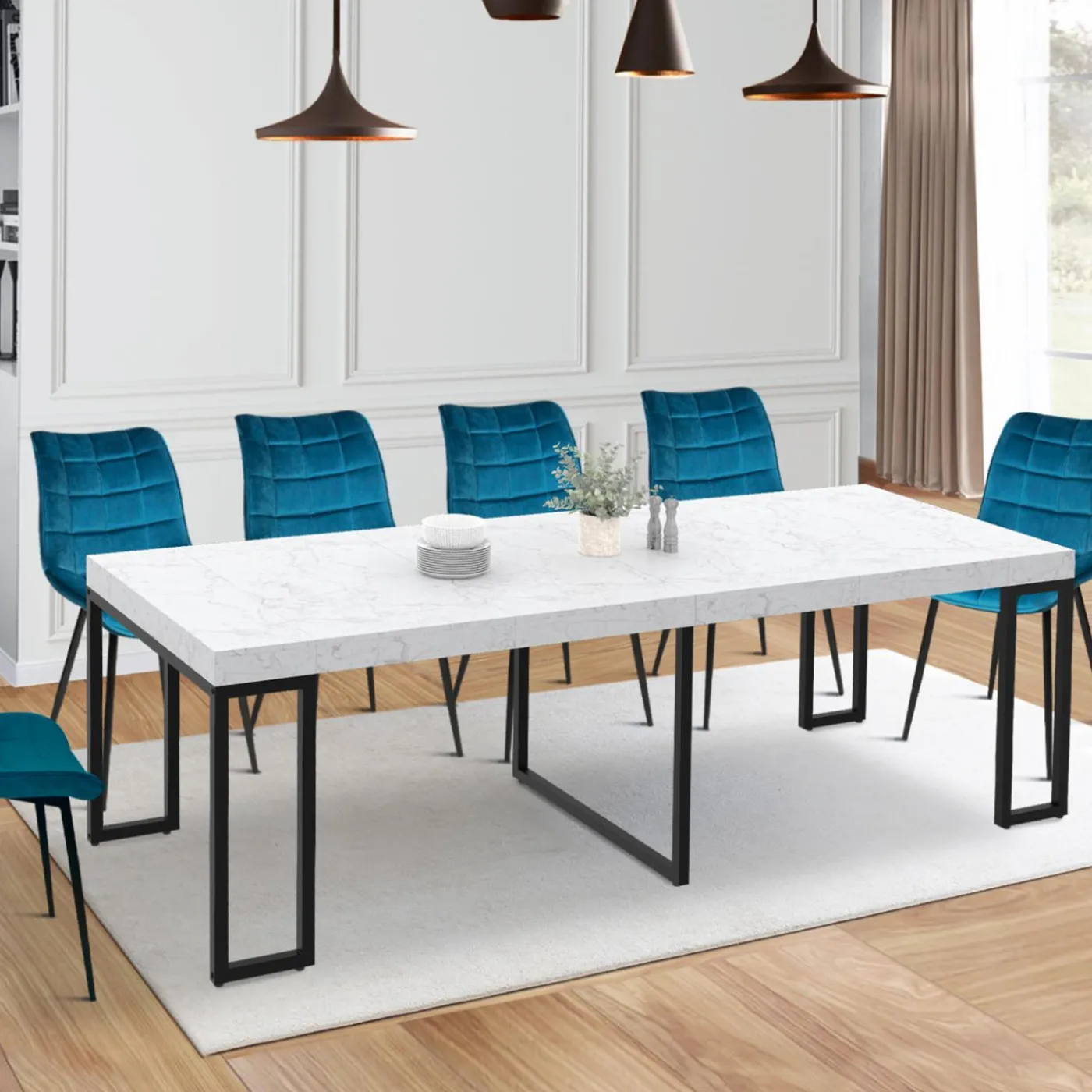 Table console extensible effet marbre blanc 10 personnes