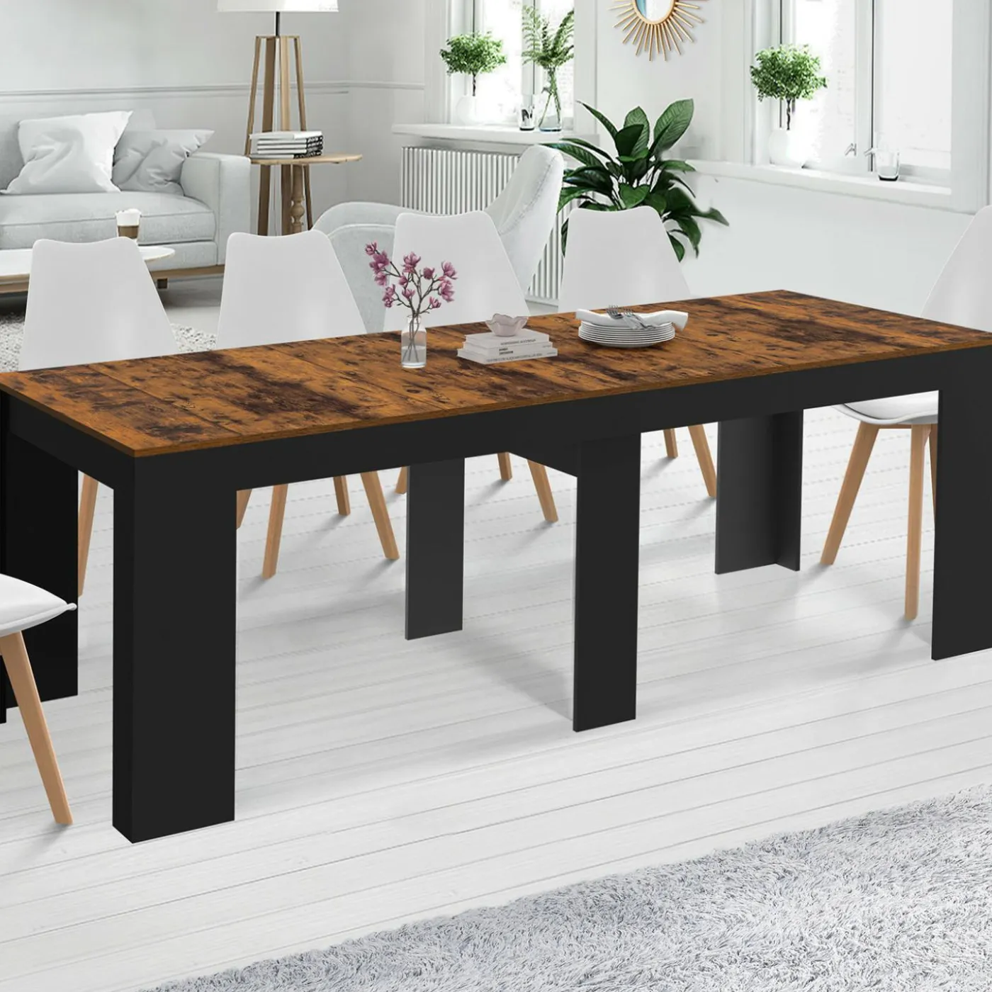 Table console extensible 235 cm effet vieilli et noir 10 personnes