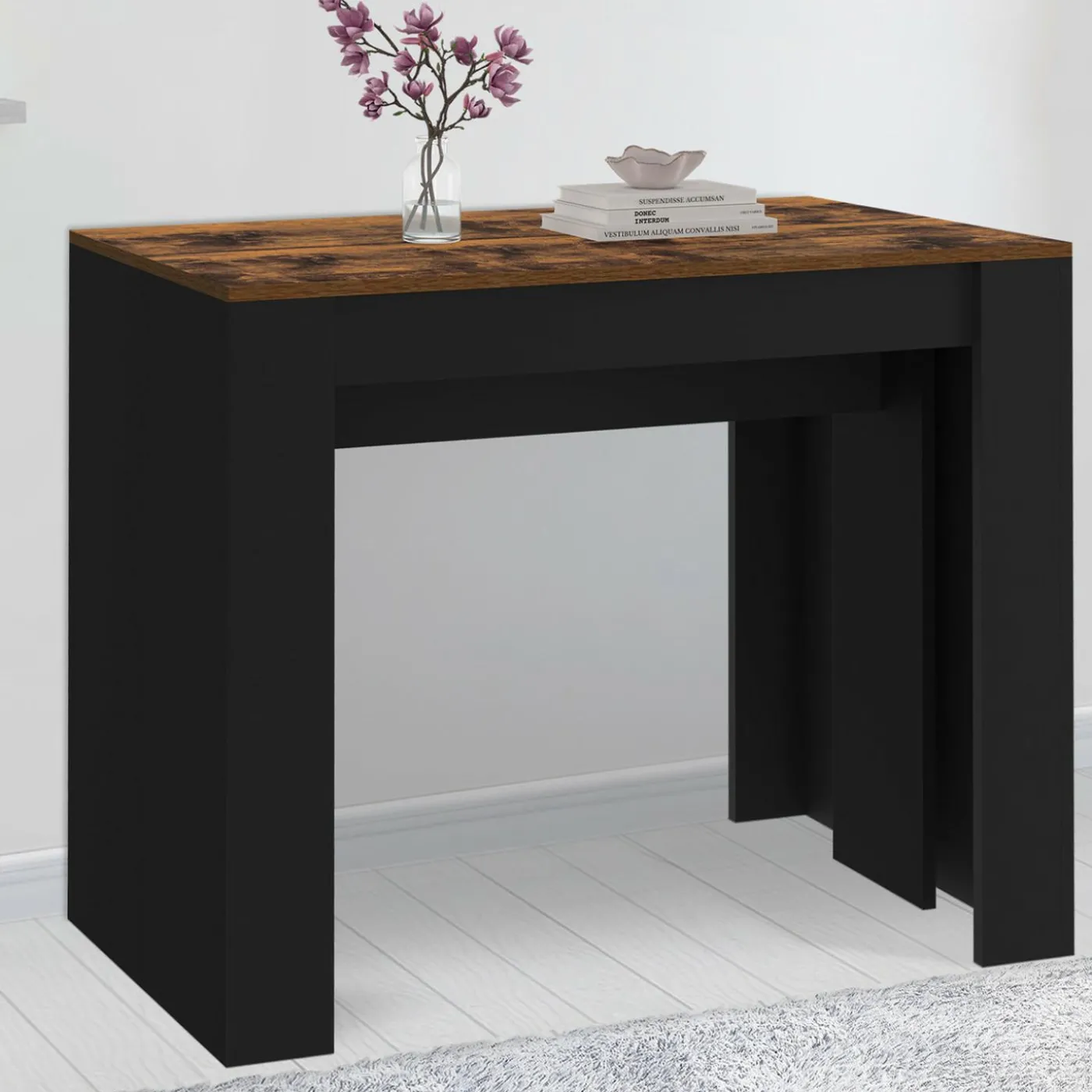 Table console extensible 235 cm effet vieilli et noir 10 personnes