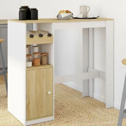 Table de bar 2 personnes bois et blanc avec placard et range bouteilles
