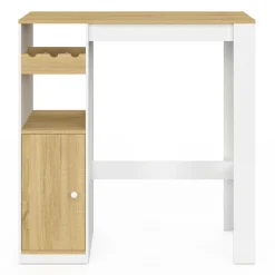 Table de bar 2 personnes bois et blanc avec placard et range bouteilles