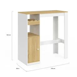 Table de bar 2 personnes bois et blanc avec placard et range bouteilles