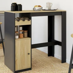 Table de bar 2 personnes bois et noir avec placard et range bouteilles